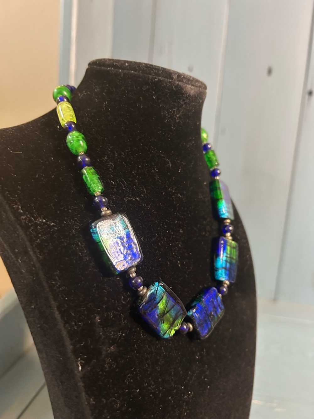 Murano Blue and Green Dichroic Glass Necklace - Picture 2 of 8